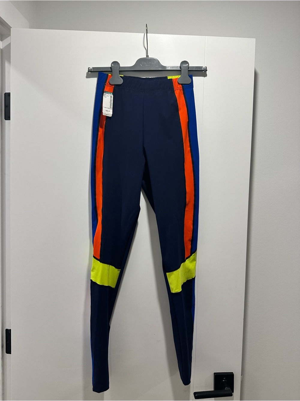 Martine Rose Navy Leggings with Orange Stripes and Neon Yellow Panels